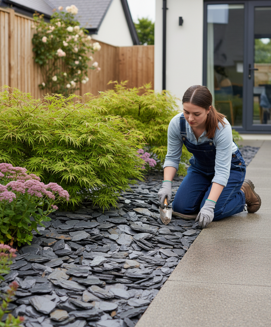 Premium 40mm Graphite Grey Slate Chippings for Landscaping, Mulching, and Pond Decoration