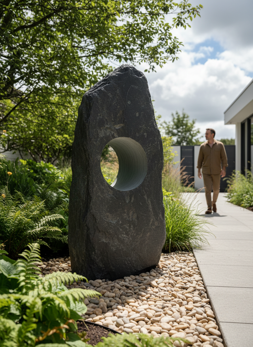 Premium 3ft Welsh Slate Hollolith with Drilled Borehole for Outdoor Water Features