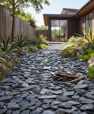 Premium 40mm Graphite Grey Slate Chippings for Landscaping, Mulching, and Pond Decoration
